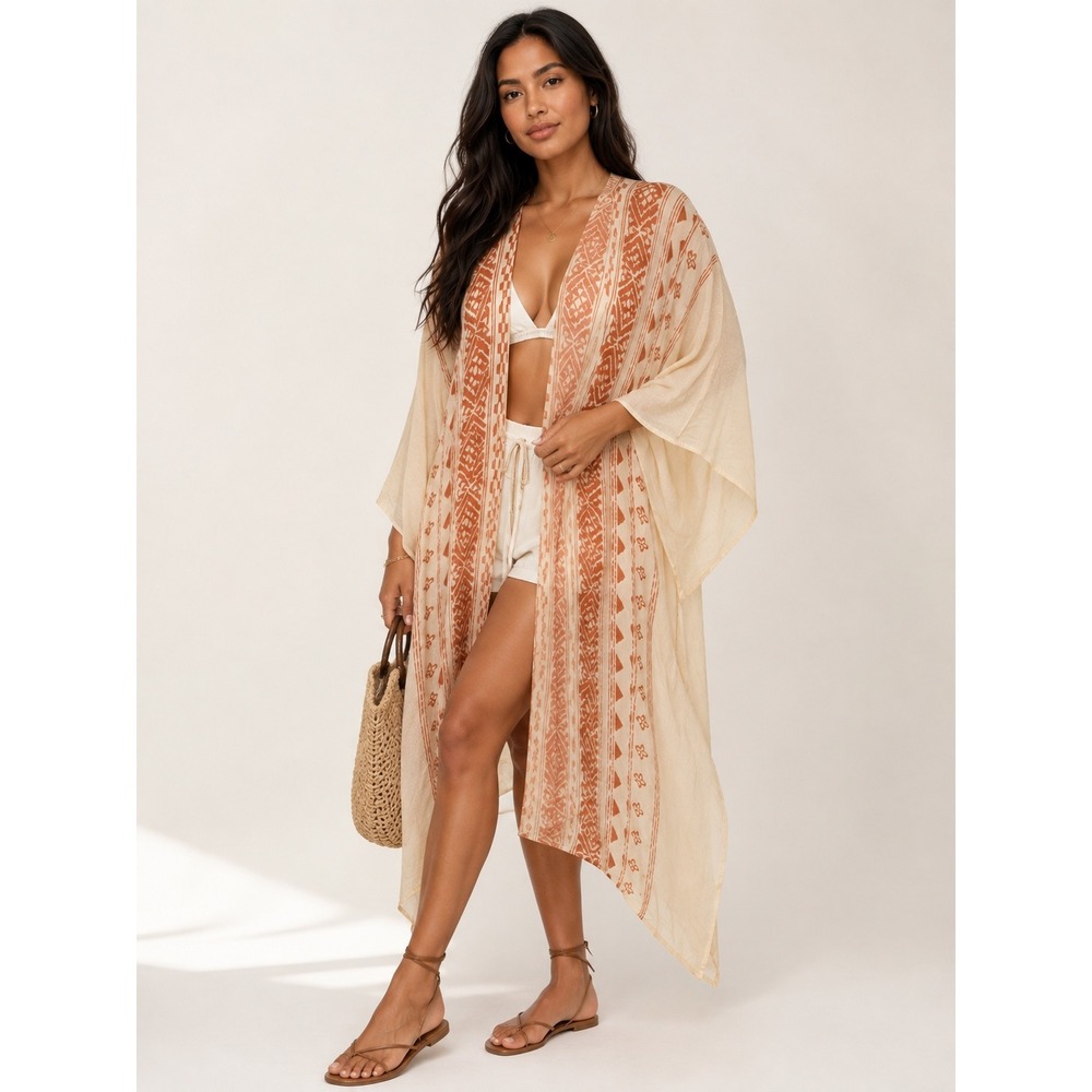 Free People Savannah Border Print Kimono Boho Festival Wrap OS Cream Rust